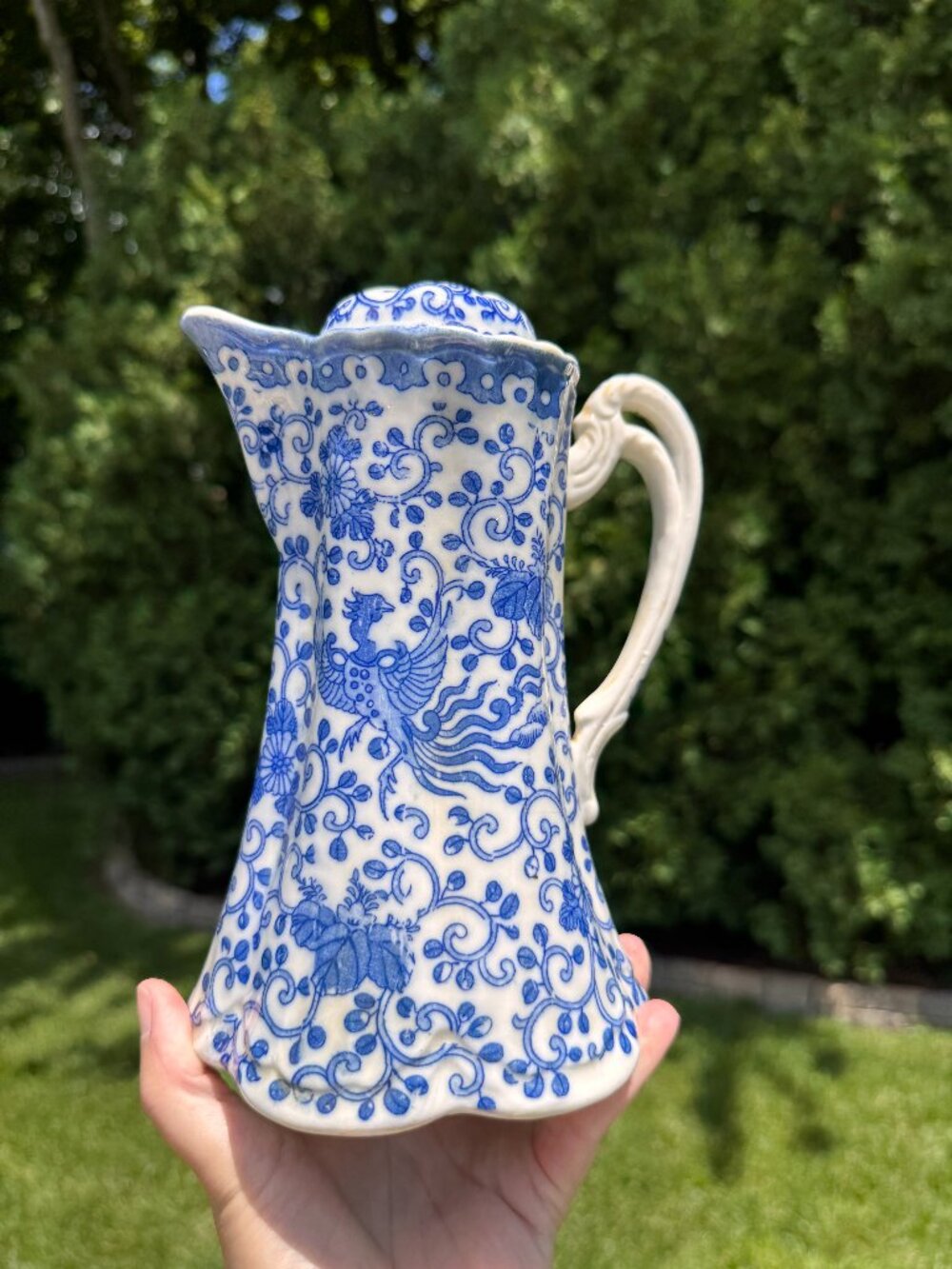 Mid-Century Blue & White Phoenix Bird Cocoa Pitcher